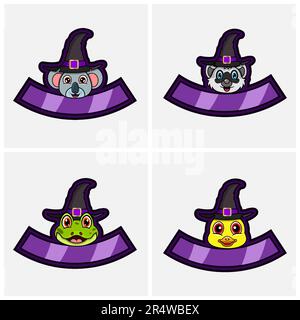 Stellen Sie Das Kopfzeichen Für Süße Tiere Ein. Für Logo, Symbol, Abzeichen, Emblem und Etikett mit Hexenhut. Koala, Waschbär, Frosch und Ente. Vektor Und Illustration. Stock Vektor