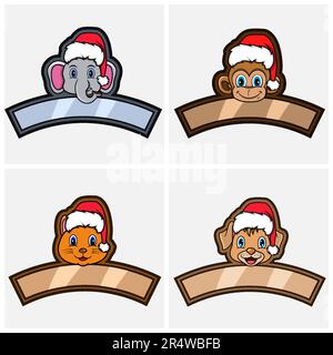Stellen Sie Das Kopfzeichen Für Süße Tiere Ein. Für Logo, Icon und Label mit Weihnachtsmütze. Elefant, Affe, Katze und Hund. Vektor Und Illustration. Stock Vektor
