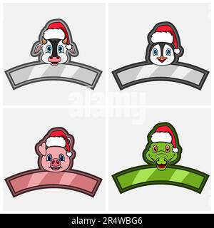 Stellen Sie Das Kopfzeichen Für Süße Tiere Ein. Für Logo, Icon und Label mit Weihnachtsmütze. Eule, Kuh, Schwein und Krokodil. Vektor Und Illustration. Stock Vektor