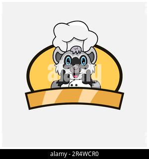 Süßer Waschbärkoch und Kochstil. Maskottchen, Zeichen, Logo, Label und Symbol. Vektor und Illustration. Stock Vektor