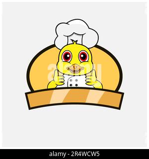 Süßer Entenkoch und Kochstil. Maskottchen, Zeichen, Logo, Label und Symbol. Vektor und Illustration. Stock Vektor