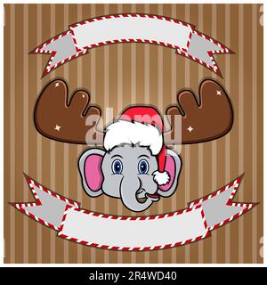 Süßer Elefantenkopf Mit Weihnachtsmütze. Leeres Etikett und Banner. Charakter, Maskottchen und Symbol. vektor und Illustration. Stock Vektor