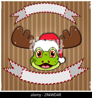 Süßer Froschkopf Mit Weihnachtsmütze. Leeres Etikett und Banner. Charakter, Maskottchen und Symbol. vektor und Illustration. Stock Vektor