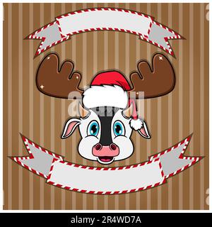 Süßer Kuhkopf Mit Weihnachtsmütze. Leeres Etikett und Banner. Charakter, Maskottchen und Symbol. vektor und Illustration. Stock Vektor