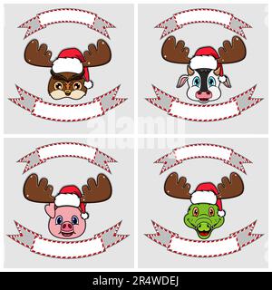 Stellen Sie Das Kopfzeichen Für Süße Tiere Ein. Für Logo, Emblem und Etikett mit Weihnachtsmütze. Eule, Kuh, Schwein und Krokodil. Vektor Und Illustration. Stock Vektor