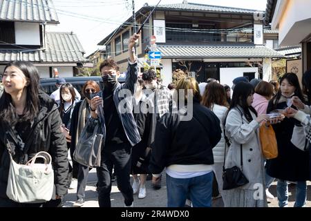 7. März 2023, Kyoto, Japan: Riesige Menschenmassen von Touristen und Reisegruppen zu Fuß åµå±± Arashiyama Bamboo Grove«¹æž – Ã å å¾„. Auch bekannt als „der Bambuswald“, eine beliebte Touristenattraktion auf dem Gelände des heiligen Nonomiya-jinja-Schreins é‡Žå® c c žç¤¾. Übertourismus. Übertourismus...Kyoto (ä°¬éƒ½) ist eine historische Großstadt Japans, reich an kulturellem Erbe und traditionellem Charme. Bekannt für seine berühmten Tempel, malerischen Gärten und historischen Wahrzeichen wie Kinkaku-ji und Fushimi Inari Taisha, bietet Kyoto einen Einblick in Japans Vergangenheit. Seine lebhaften Festivals, exquisite Küche und Ruhe Stockfoto