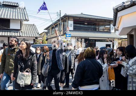 7. März 2023, Kyoto, Japan: Riesige Menschenmassen von Touristen und Reisegruppen zu Fuß åµå±± Arashiyama Bamboo Grove«¹æž – Ã å å¾„. Auch bekannt als „der Bambuswald“, eine beliebte Touristenattraktion auf dem Gelände des heiligen Nonomiya-jinja-Schreins é‡Žå® c c žç¤¾. Übertourismus. Übertourismus...Kyoto (ä°¬éƒ½) ist eine historische Großstadt Japans, reich an kulturellem Erbe und traditionellem Charme. Bekannt für seine berühmten Tempel, malerischen Gärten und historischen Wahrzeichen wie Kinkaku-ji und Fushimi Inari Taisha, bietet Kyoto einen Einblick in Japans Vergangenheit. Seine lebhaften Festivals, exquisite Küche und Ruhe Stockfoto