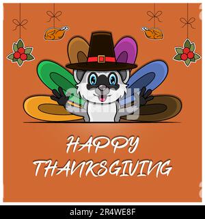 „Happy Thanksgiving“-Grußkarte, -Poster oder -Flyer mit „Celebration“-Design und Raccoon-Charakter. Vektor Und Illustration. Stock Vektor