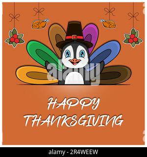 „Happy Thanksgiving“-Grußkarte, -Poster oder -Flyer mit Pinguin-Charakter. Vektor Und Illustration. Stock Vektor