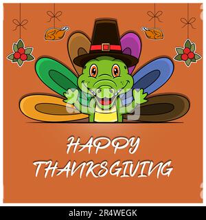 „Happy Thanksgiving“-Grußkarte, -Poster oder -Flyer mit Krokodilzeichen. Vektor Und Illustration. Stock Vektor