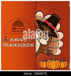 Thanksgiving-Karte mit Eulenmotiv. Frohes Thanksgiving. Perfekt für Grußkarten, Poster oder Flyer mit Festlichkeiten. Vektordarstellung. Stock Vektor