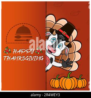 Thanksgiving-Karte mit Kuhmotiv. Frohes Thanksgiving. Perfekt für Grußkarten, Poster oder Flyer mit Festlichkeiten. Vektordarstellung. Stock Vektor