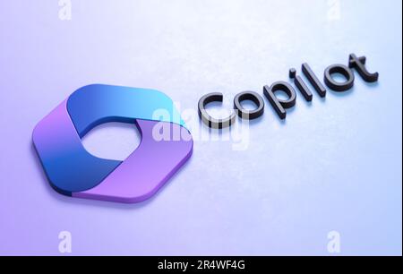 Valencia, Spanien – Mai 2023: Microsoft CoPilot kombiniert die Microsoft 365-Apps, Microsoft Graph und künstliche Intelligenz. Isoliertes 3D-Logo auf einem sur Stockfoto