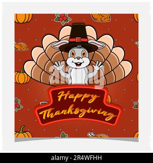 „Happy Thanksgiving“-Karte Mit Niedlichem Kaninchen-Design. Grußkarte, Poster, Flyer und Einladung. Vektor und Illustration. Stock Vektor