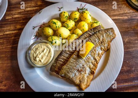 Gebratener Zander-Fisch mit Kartoffeln und Tartar-Sauce auf einem Holztisch, Nahaufnahme. Stockfoto