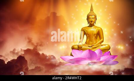 Buddha Statue Wasser lotus Buddha auf Lotus Flower auf orangefarbenem Hintergrund Stockfoto