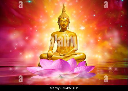 Buddha Statue Wasser lotus Buddha auf Lotus Flower auf orangefarbenem Hintergrund Stockfoto