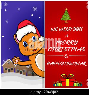 Frohe Weihnachtsgrußkarte, Flyer, Einladung und Poster. Hut Mit Niedlichem Katzenmotiv. Vektor Und Illustration. Stock Vektor