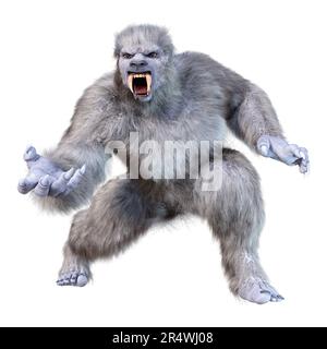 3D-Rendering einer Schneestier Kreatur oder eines Bigfoot Isoliert auf weißem Hintergrund Stockfoto