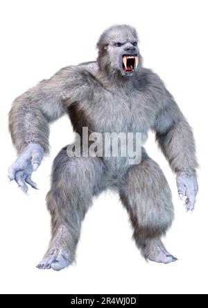 3D-Rendering einer Schneestier Kreatur oder eines Bigfoot Isoliert auf weißem Hintergrund Stockfoto