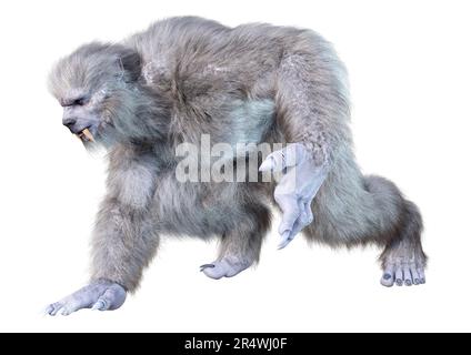 3D-Rendering einer Schneestier Kreatur oder eines Bigfoot Isoliert auf weißem Hintergrund Stockfoto