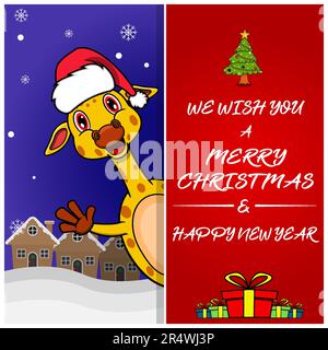 Frohe Weihnachtsgrußkarte, Flyer, Einladung und Poster. Niedliche Mütze Mit Giraffenmotiv. Vektor Und Illustration. Stock Vektor