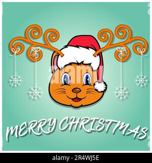 Christmass-Karte Mit Niedlichem Katzenkopf. Mit Hut und lustigen Weihnachten. Vektor und Illustration. Stock Vektor