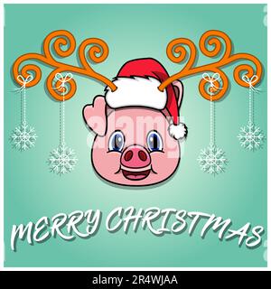 Weihnachtskarte Mit Niedlichem Schweinekopf Und Cartoon. Mit Hut und lustigen Weihnachten. Vektor und Illustration. Stock Vektor