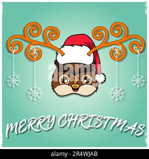 Weihnachtskarte Mit Niedlichem Eulenkopf Und Cartoon. Mit Hut und lustigen Weihnachten. Vektor und Illustration. Stock Vektor