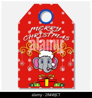 Merry Christmas Happy New Year – von Hand gezeichneter Etikettenanhänger mit niedlichem Elefantenkopf. Vektor und Illustration. Stock Vektor