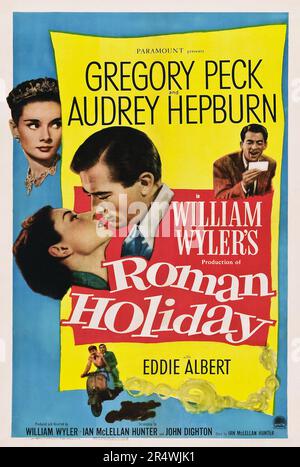 Roman Holiday ist ein 1953 romantische Komödie von William Wyler produziert. Es Sterne Gregory Peck als Reporter und Audrey Hepburn als königliche Prinzessin aus Rom auf eigene Faust zu sehen. Stockfoto
