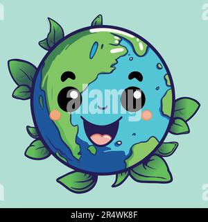 Süßer Cartoon-Globus, Planet Erde mit Blättern. Umweltpflege- und Ökologiekonzept auf grünem Hintergrund isoliert Stock Vektor
