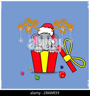 Süßer Elefant als Geschenk mit Weihnachtsmann-Hut. Für Hintergrund, Vorlage, Symbol, Banner, Einladung, Grußkarte, Inspirationsdesign und Flyer. Vektor An Stock Vektor