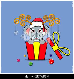 Süßer Koala als Geschenk mit Weihnachtsmann-Hut. Für Hintergrund, Vorlage, Symbol, Banner, Einladung, Grußkarte, Inspirationsdesign und Flyer. Vector und ich Stock Vektor