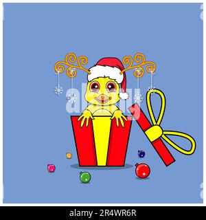 Süße Ente als Geschenk mit Weihnachtsmann-Hut. Für Hintergrund, Vorlage, Symbol, Banner, Einladung, Grußkarte, Inspirationsdesign und Flyer. Vektor Und Il Stock Vektor