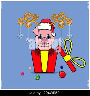 Süßes Schwein als Geschenk mit Weihnachtsmann-Hut. Für Hintergrund, Vorlage, Symbol, Banner, Einladung, Grußkarte, Inspirationsdesign und Flyer. Vektor Und Krank Stock Vektor