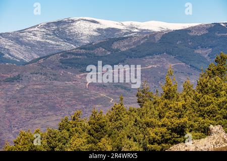 Panorama der grünen Landschaft der Bergkette mit schneebedeckten Gipfeln, Guadarrama, Madrid, Spanien. Stockfoto