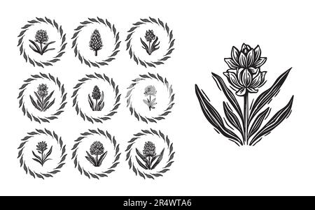 Linotype Floral Icon Kollektion in skurriler Vektorkunst. Dekoratives Blattdesign für rustikales Botanyset. Stock Vektor