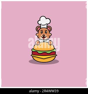 Süßer Baby-Bär-Koch Mit Hamburger. Charakter, Logo, Icon, Cartoon Und Inspiration Design. Vektor Und Illustration. Stock Vektor