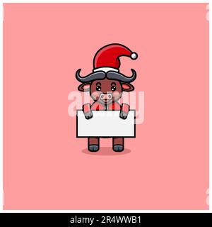 Süßer Büffel mit Weihnachtskostüm und leerem Papier. Vektor und Illustration Stock Vektor