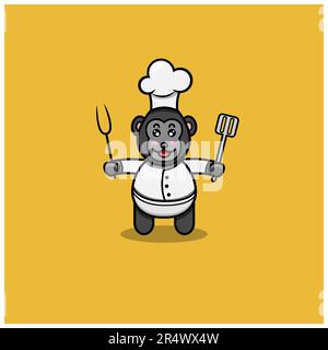 Süßer Baby-King-Kong Mit Koch-Kostüm. Figur, Maskottchen, Icon, Logo, Cartoon und niedliches Design. Vektor und Illustration. Stock Vektor