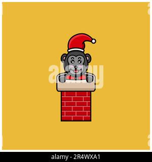 Süßer Baby King Kong mit Weihnachtsmannkostüm und On House Chimney. Figur, Maskottchen, Icon, Logo, Cartoon und niedliches Design. Vektor und Illustration. Stock Vektor