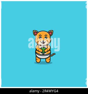 Süßer Baby-Tiger-Tee. Charakter, Maskottchen, Symbol und niedliches Design. Vektor und Illustration. Stock Vektor