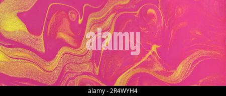 Abstrakte flüssige Kunst Hintergrund hell lila und goldenen Farben. Flüssiger Marmor. Acrylmalerei auf Leinwand mit magentafarbenen Linien und Farbverlauf. Alkoholtinte Stockfoto