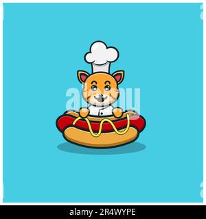 Süßer Baby-Tiger-Koch Auf Hot Dog. Charakter, Maskottchen, Symbol und niedliches Design. Vektor und Illustration. Stock Vektor