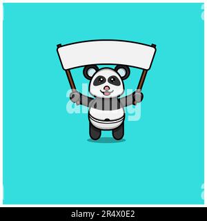 Süßer Baby-Panda, Bring Ein Großes, Leeres Banner Mit. Charakter, Logo, Symbol Und Inspiration Design. Vektor Und Illustration. Stock Vektor