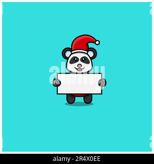 Süßer Baby-Panda mit Weihnachtsmannmütze und leerem Papier. Charakter, Logo, Symbol Und Inspiration Design. Vektor Und Illustration. Stock Vektor