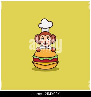 Süßer Baby-Affenkoch Auf Hamburger. Charakter, Maskottchen, Logo, Cartoon, Symbol, Und süßes Design. Vektor und Illustration. Stock Vektor