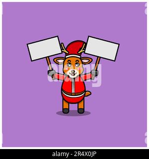 Süße Weihnachtsmann-Hirsch-Figur Mit Zwei Leeren Bannern. Charakter, Maskottchen, Symbol und niedliches Design. Vektor und Illustration. Stock Vektor