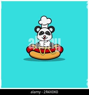 Süße Baby-Koch-Panda Auf Hot Dog. Charakter, Logo, Symbol Und Inspiration Design. Vektor Und Illustration. Stock Vektor